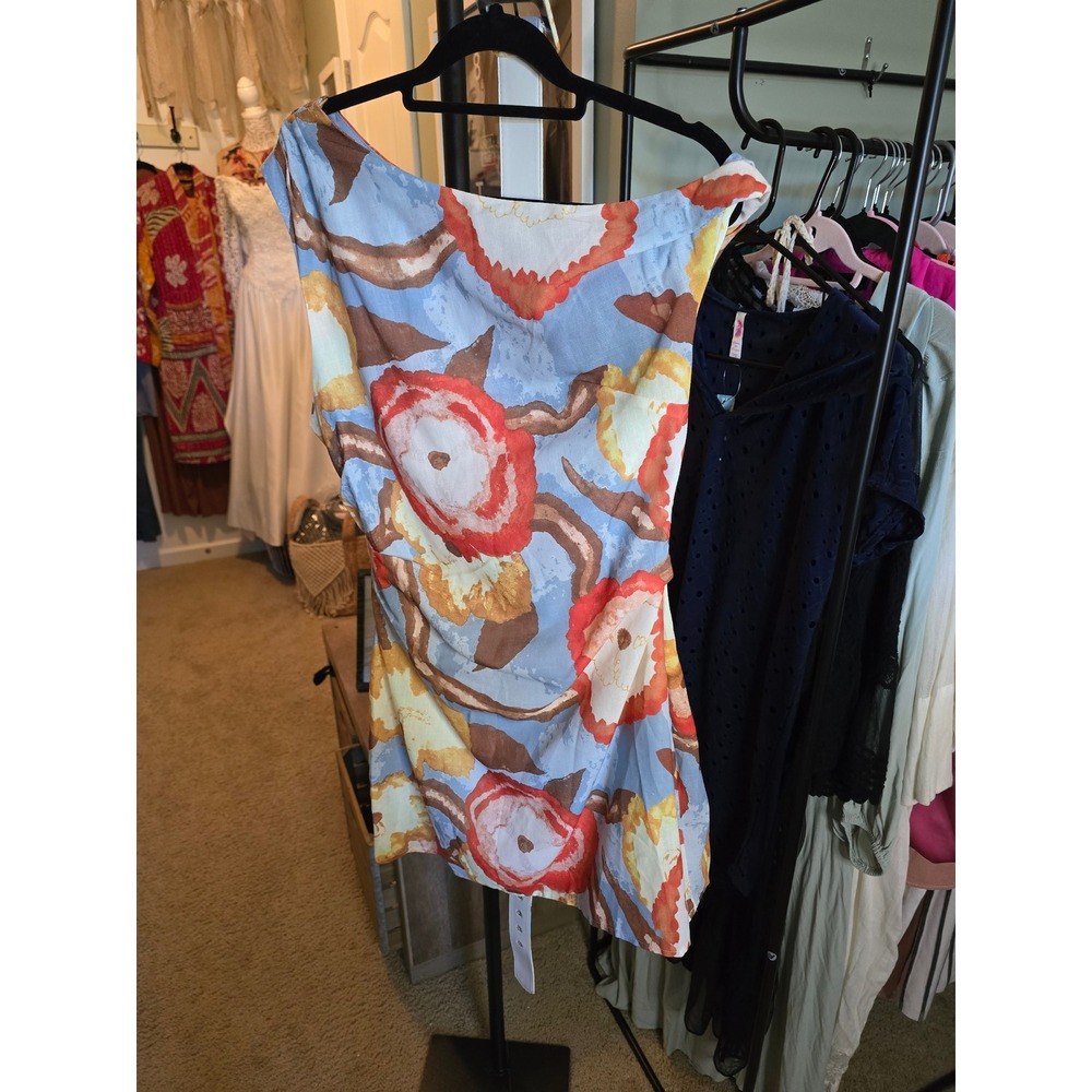 Commense Floral Print Ruched Dress Blue Orange Yellow Sleeveless Size M NWT